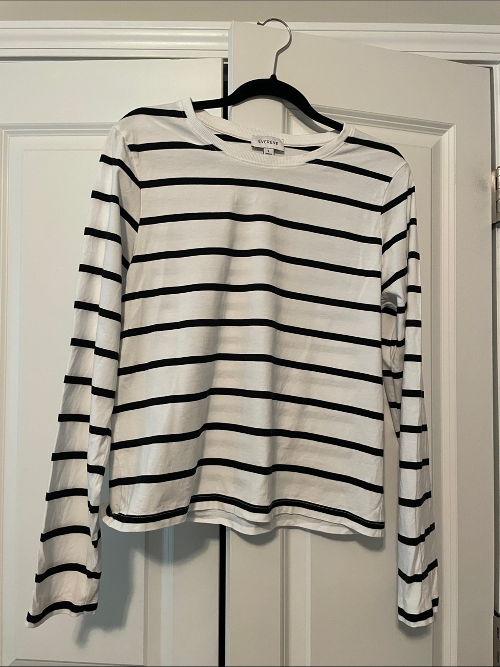 Evereve Perfect Long Sleeve White & Black Stripe Tee